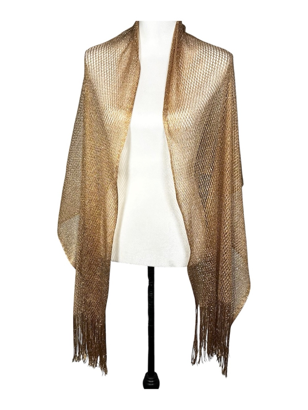 Le Luxe Gold Metallic Open Knit Fringe Scarf